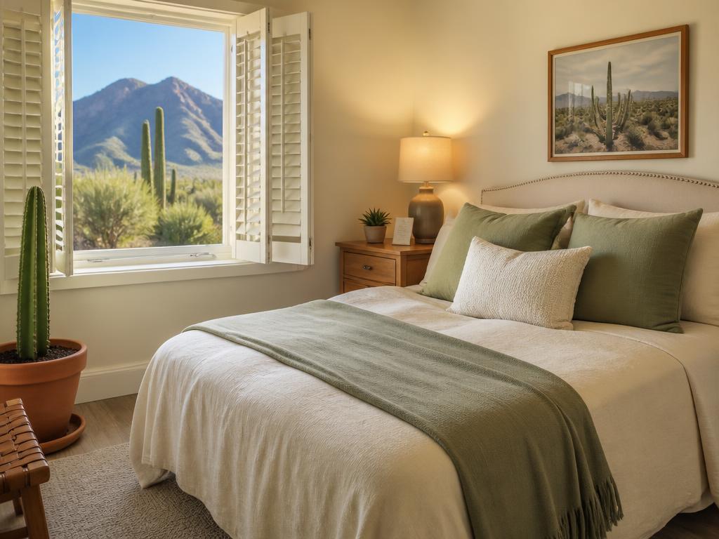 Private bedroom with cream and sage linens, wooden nightstand and open shutters framing a saguaro-covered hillside