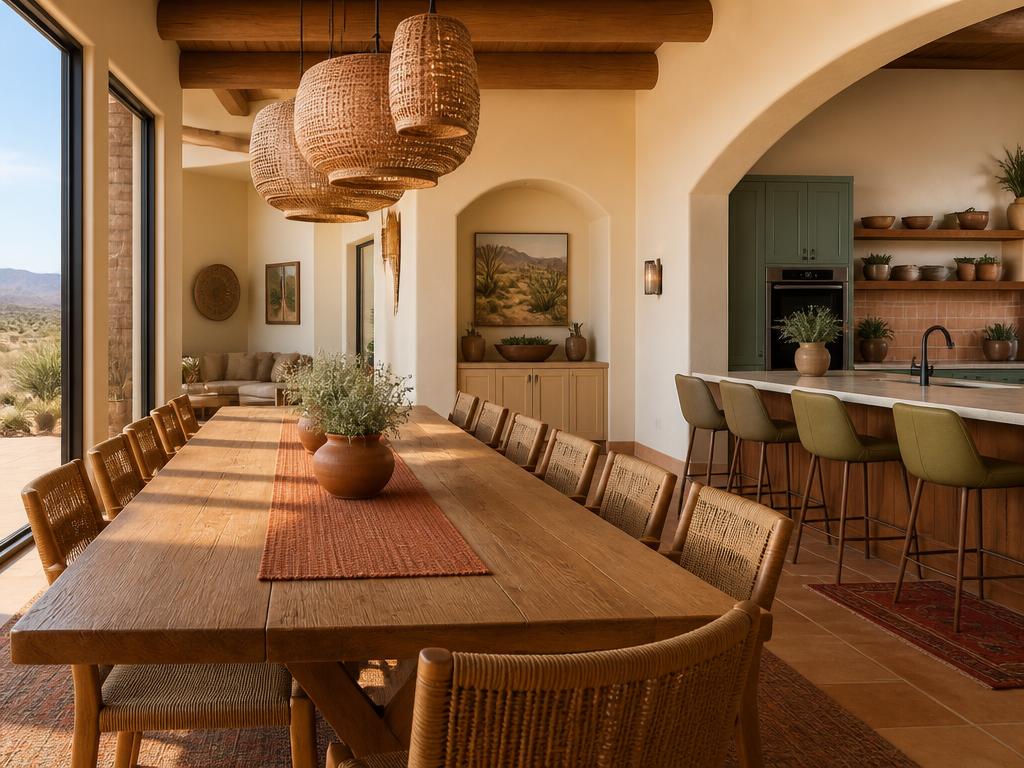 Long wooden communal dining table under woven pendant lights with desert views through tall windows