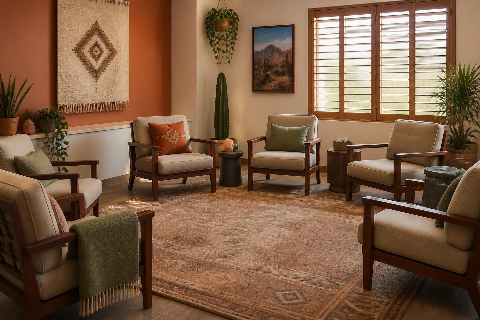 Group therapy room with a circle of comfortable armchairs