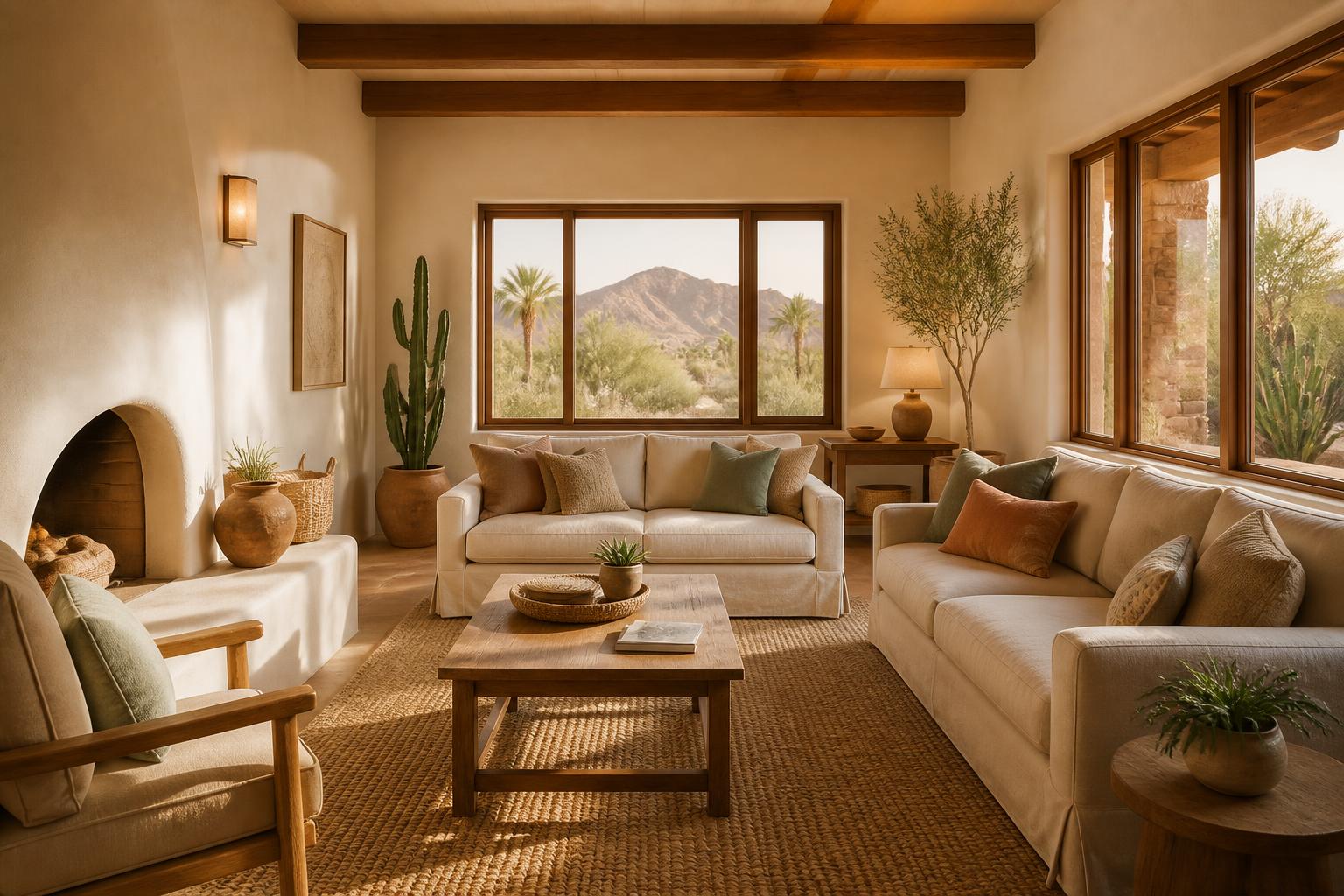 Southwestern living room with linen sofas, warm plaster walls and desert mountain views
