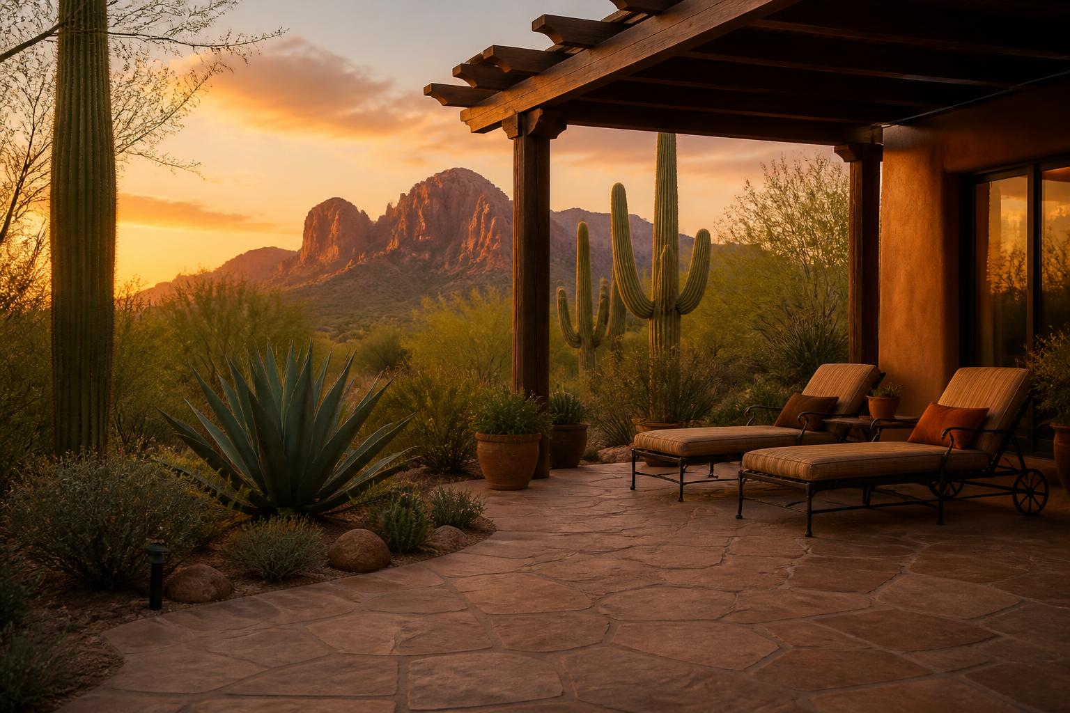 Desert courtyard with agave and saguaro cacti at golden hour